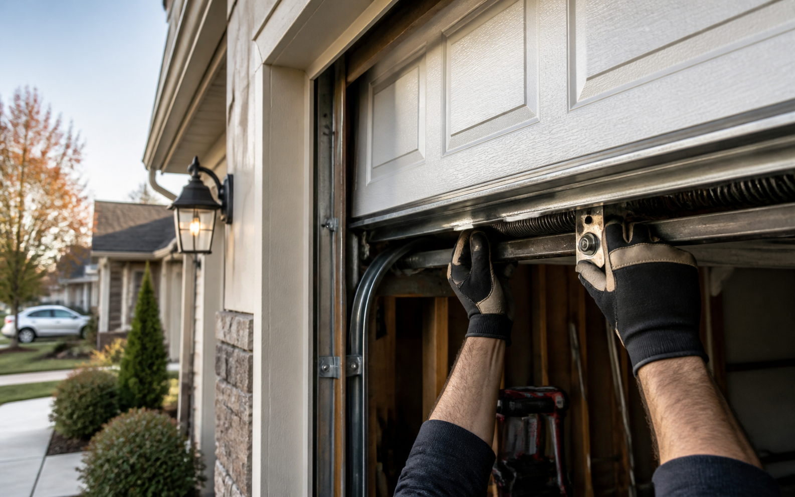 Gloved hands checking garage door track hardware below a raised panel door